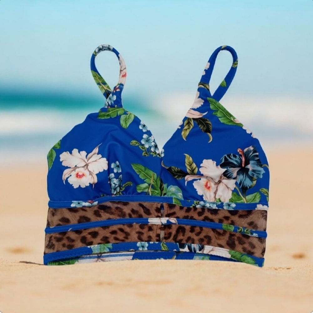 VENUS Blue Tropical Floral Bikini Top, Size S